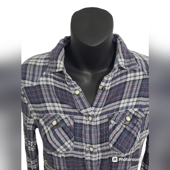 2 FOR💲1️⃣ American Eagle Blue/White Plaid 100% Cotton Snap Button-Down Sz 0 - Picture 2 of 12
